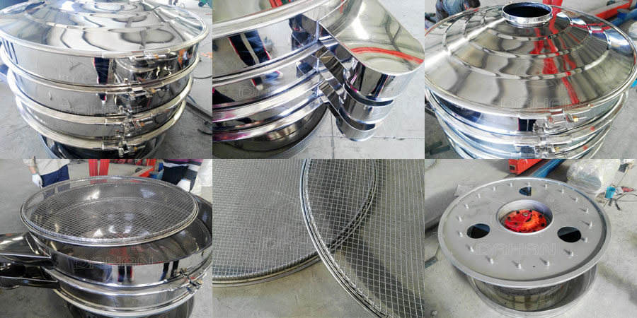 紅薯淀粉振動篩細節展示：鎖緊扣，出料口，防塵蓋，網架，篩網，振動底座。