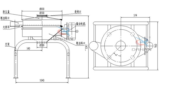 單振源直排篩機構和持續：防塵蓋（mm）：800進料口（mm）：200結構;防塵蓋，大束環，支架，振動電機，進料口等。