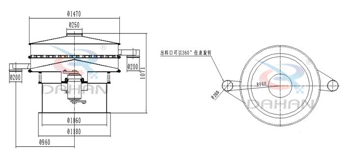 大型旋振篩外形尺寸:進料口:250防塵蓋:1470出料口:200底座寬:1060