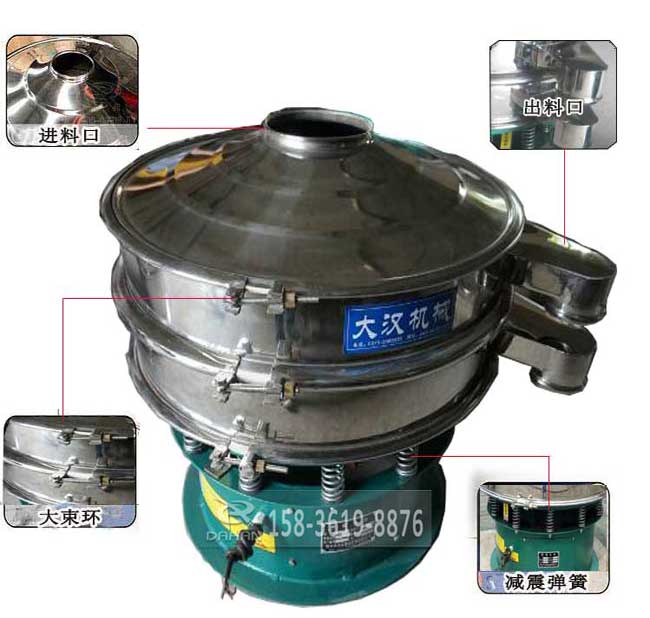 粗砂糖振動篩結(jié)構(gòu):進(jìn)料口,出料口,大束環(huán),減震彈簧、