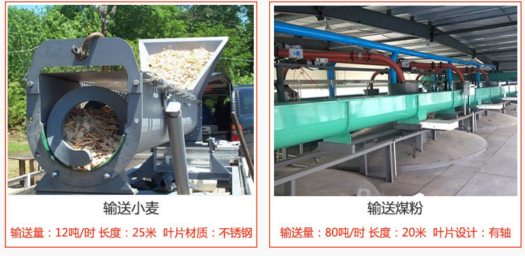 絞龍螺旋輸送機輸送小麥輸送量在12噸/時，長度為25米，葉片采用不銹鋼材質；輸送水泥輸送量在80噸/時，長度為20米，葉片設計為有軸。