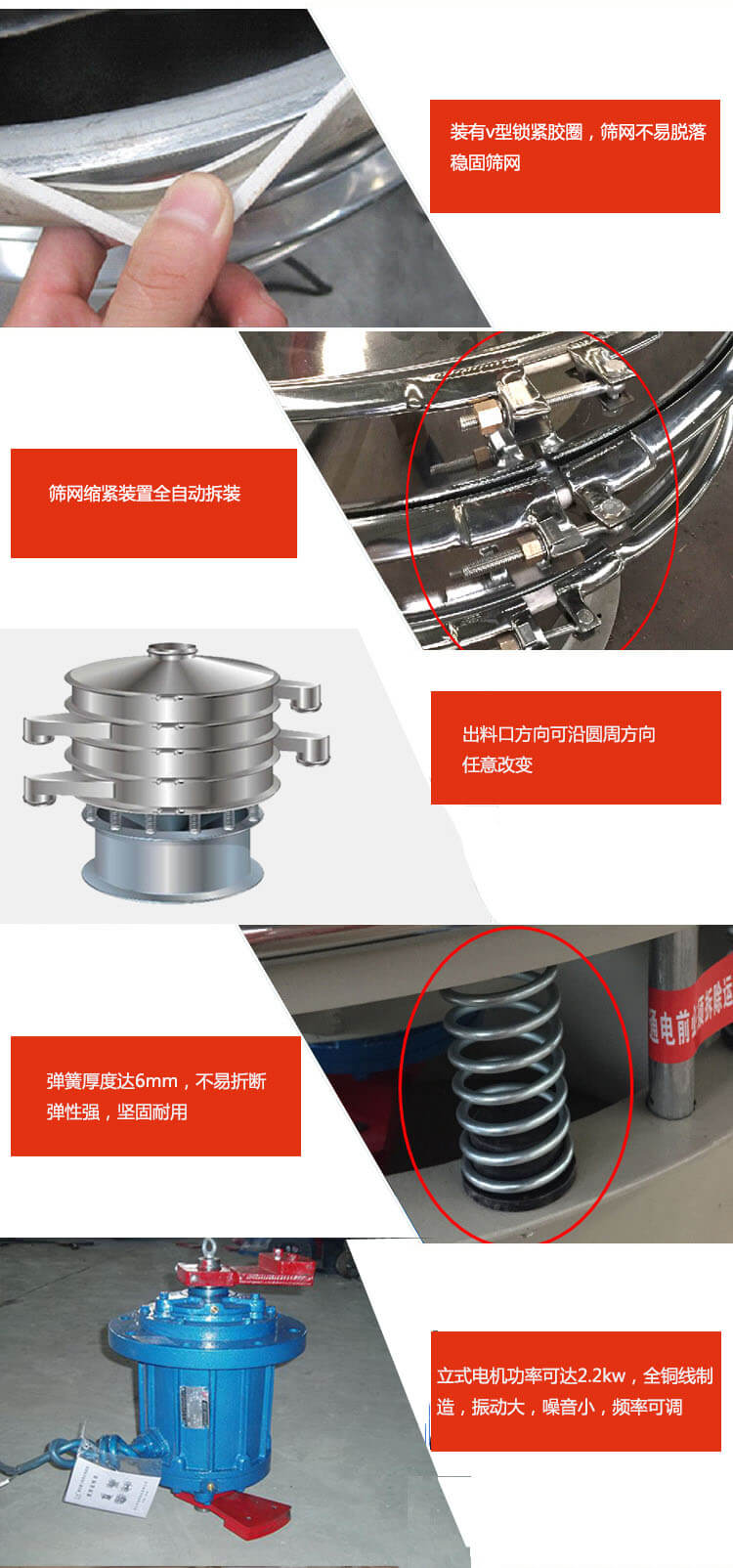 裝有V型鎖緊膠圈，使篩網(wǎng)不易脫落穩(wěn)固篩網(wǎng)，篩網(wǎng)鎖緊裝置，全自動(dòng)拆裝，出料口方向可沿圓周方向任意改變。彈簧厚度達(dá)6mm，不易折斷，彈性強(qiáng)，堅(jiān)固耐用。專(zhuān)業(yè)的振動(dòng)電機(jī)，全銅線(xiàn)制造，振動(dòng)大，機(jī)械噪音小，頻率可調(diào)。產(chǎn)品對(duì)比:材質(zhì)：大漢振動(dòng)篩廠(chǎng)家采用304不銹鋼材質(zhì)耐腐蝕性，耐熱性強(qiáng)。個(gè)別廠(chǎng)家采用其它金屬材質(zhì)，耐腐蝕性，耐熱性差蒸發(fā)緩慢，烘干效率較低。大漢振動(dòng)篩廠(chǎng)家采用金屬編織網(wǎng)，篩分精度高，效率高，篩網(wǎng)利用率高。