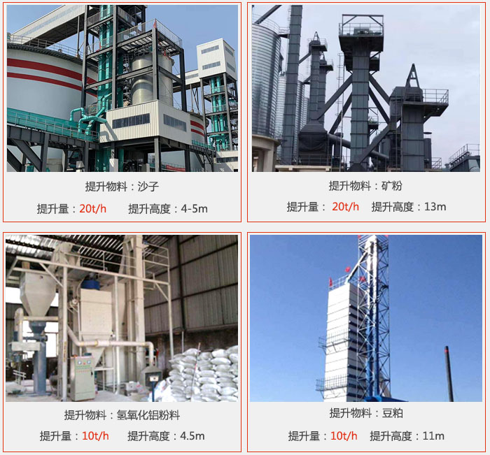 斗式提升機(jī)用戶使用現(xiàn)場圖片:提升沙子提升量:20t/h提升高度:4-5m提升物料:礦粉提升量:20t/h提升高度:13m提升物料:氫氧化鋁粉料 提升量:10t/h提升高度:4-5m提升物料:豆粕提升量:10t/h提升高度:11m