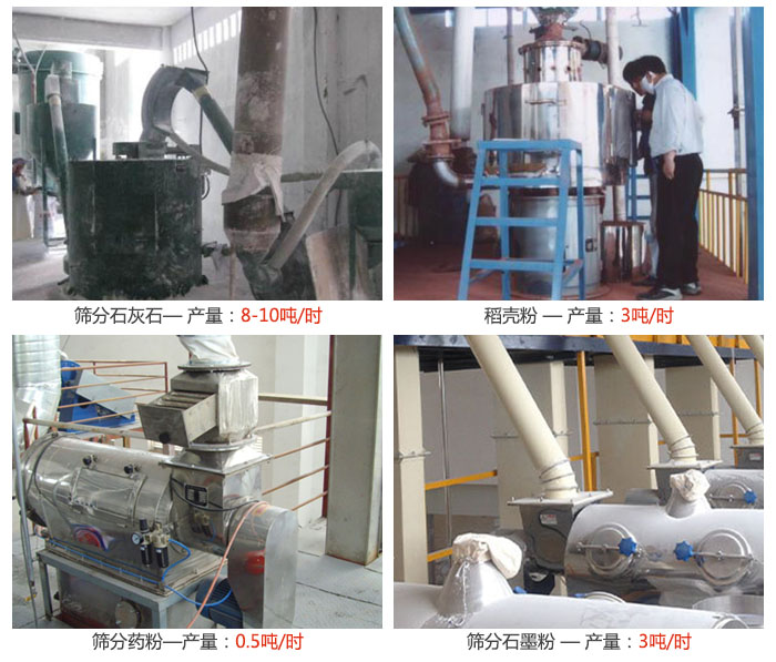 氣旋篩分機篩分石灰石，藥粉，石墨粉，稻殼粉等案例現(xiàn)場
