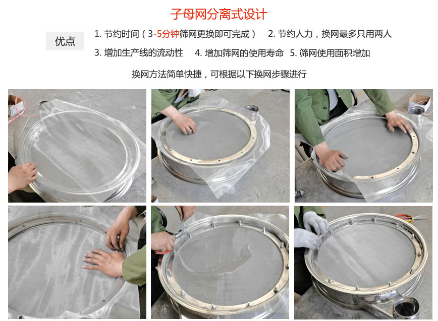 大漢振動(dòng)機(jī)械換網(wǎng)優(yōu)勢(shì)：1，節(jié)省時(shí)間（3-5分鐘篩網(wǎng)更換即可完成）2，節(jié)省人力，換網(wǎng)只有兩人。3.增加生產(chǎn)線(xiàn)的流暢性。4.增加篩網(wǎng)壽命，彈跳球不直接撞擊子網(wǎng)。5.篩網(wǎng)使用面積增加。