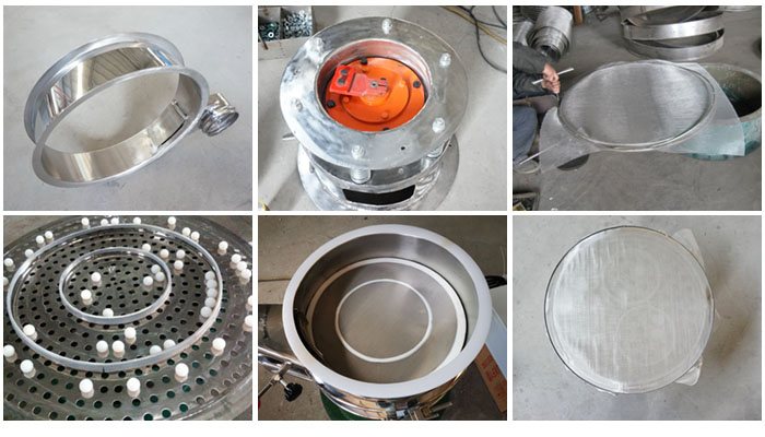 不銹鋼小型振動篩細節(jié)：振動篩篩框，振動電機座，篩網(wǎng)，彈跳球，密封圈，篩網(wǎng)網(wǎng)架。