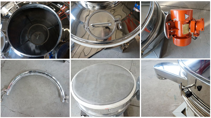 單振源直排篩細節展示：防塵蓋，振動源，振動篩網，大束環，控制開關等。