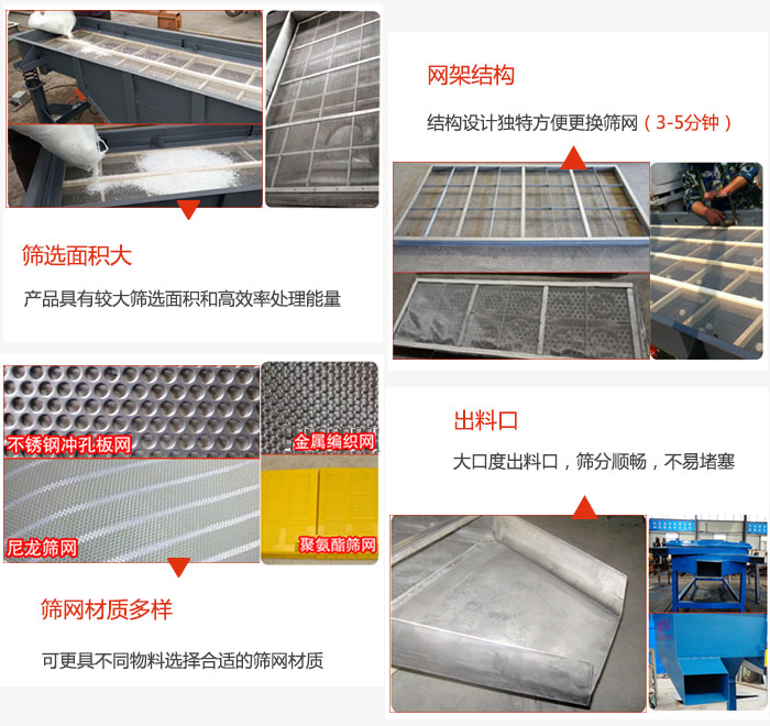 多層直線振動篩篩選面積大,網(wǎng)架結(jié)構(gòu)方便篩網(wǎng)更換,篩網(wǎng)可選:不銹鋼沖孔板,金屬編織,尼龍篩網(wǎng),聚氨酯篩網(wǎng)等。