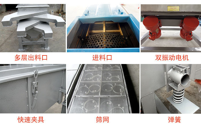 多層直線振動篩出料口,篩網(wǎng),彈簧,快速夾具,振動電機(jī)等