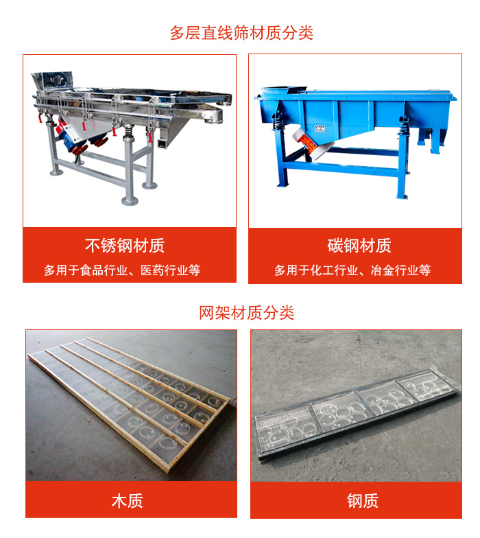 多層直線振動篩材質(zhì)有:不銹鋼,碳鋼;網(wǎng)架材質(zhì)有木質(zhì),鋼質(zhì)等。