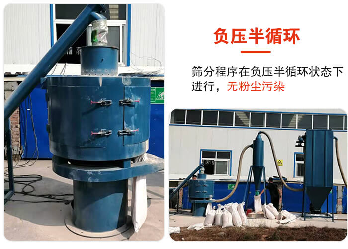 氣流篩負壓半循環(huán)，篩分程序在負壓版循環(huán)狀態(tài)下進行，無粉塵污染。