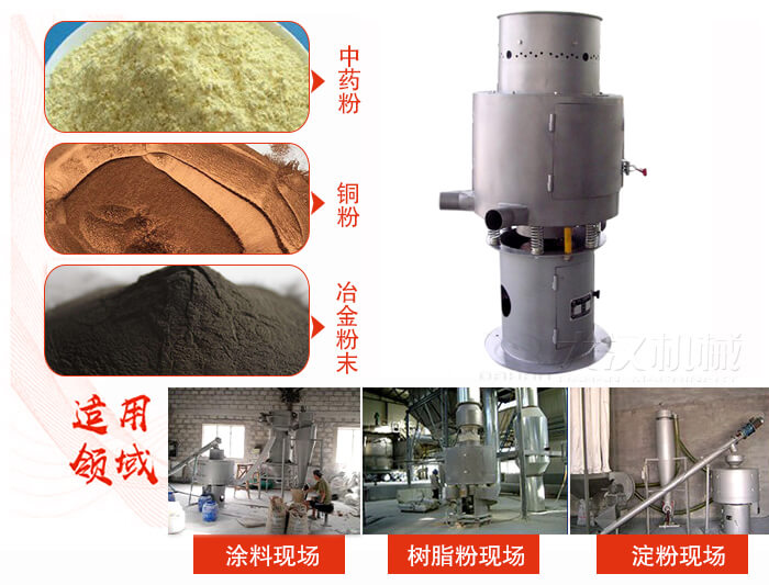 氣流篩分機主要適用物料有中藥粉，銅粉，冶金粉末等。