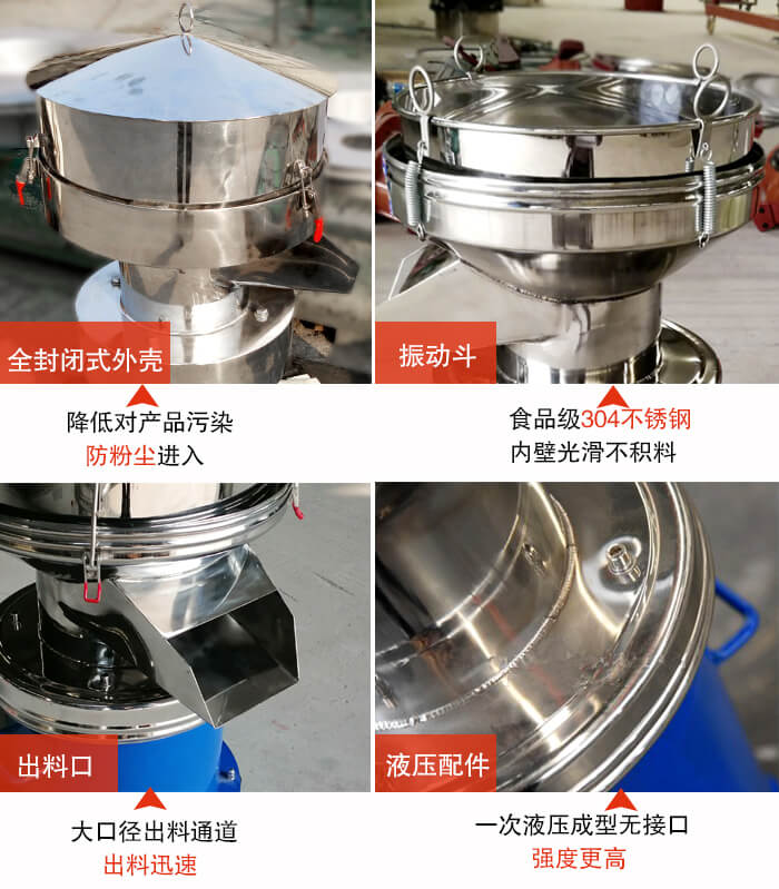 450過濾篩機(jī)結(jié)構(gòu)組成:全封閉式外殼設(shè)計(jì):對產(chǎn)品的污染低,防塵粉進(jìn)入電機(jī)內(nèi)部延長設(shè)備壽命。振動(dòng)斗:食品304不銹鋼篩斗,內(nèi)壁光滑不存在積料現(xiàn)象。出料口,大口徑出料通道,出料迅速,提高工作效率。液壓配件:一次液壓成型無接口強(qiáng)度更高。