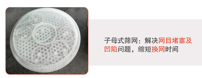 塑料防腐蝕振動(dòng)篩采用子母扣式網(wǎng)架可安裝彈跳球進(jìn)行清網(wǎng)，解決篩網(wǎng)堵塞問(wèn)題。