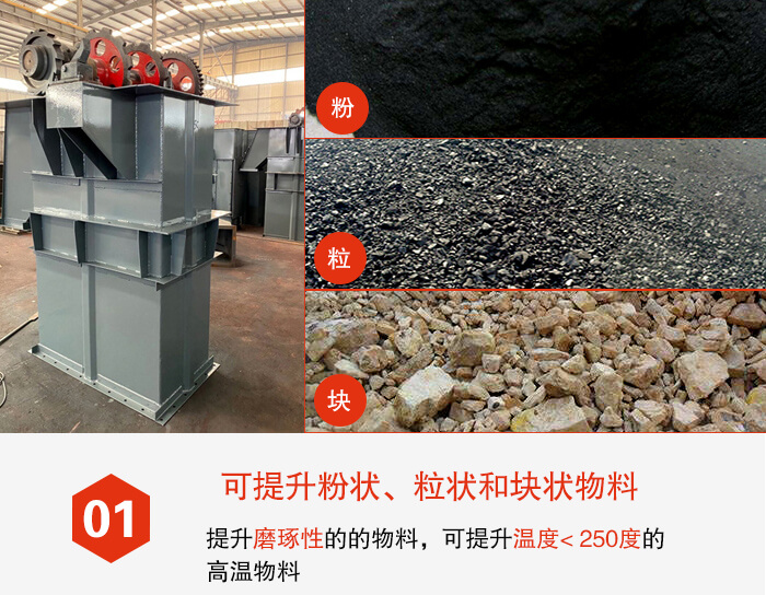 斗式提升機(jī)能夠提升的物料種類比較多大致可分:粉,粒,塊等多種類型。