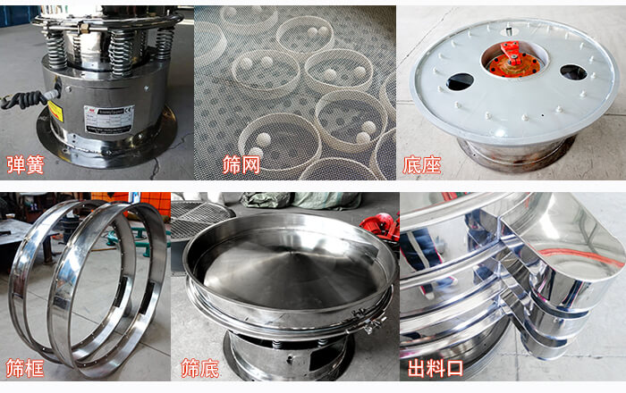 細(xì)節(jié)展示:篩框,篩網(wǎng),振動(dòng)底座,振動(dòng)體,出料口。
